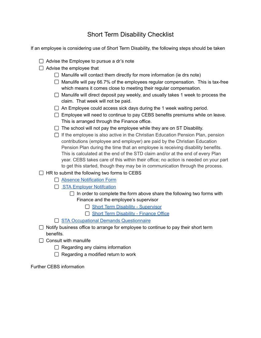 Short Term Disability Checklist